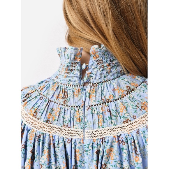 HUNTER BELL Blue Lace Smocked Neck Ryan Dress Ditsy Floral Sz XS - Picture 3 of 16